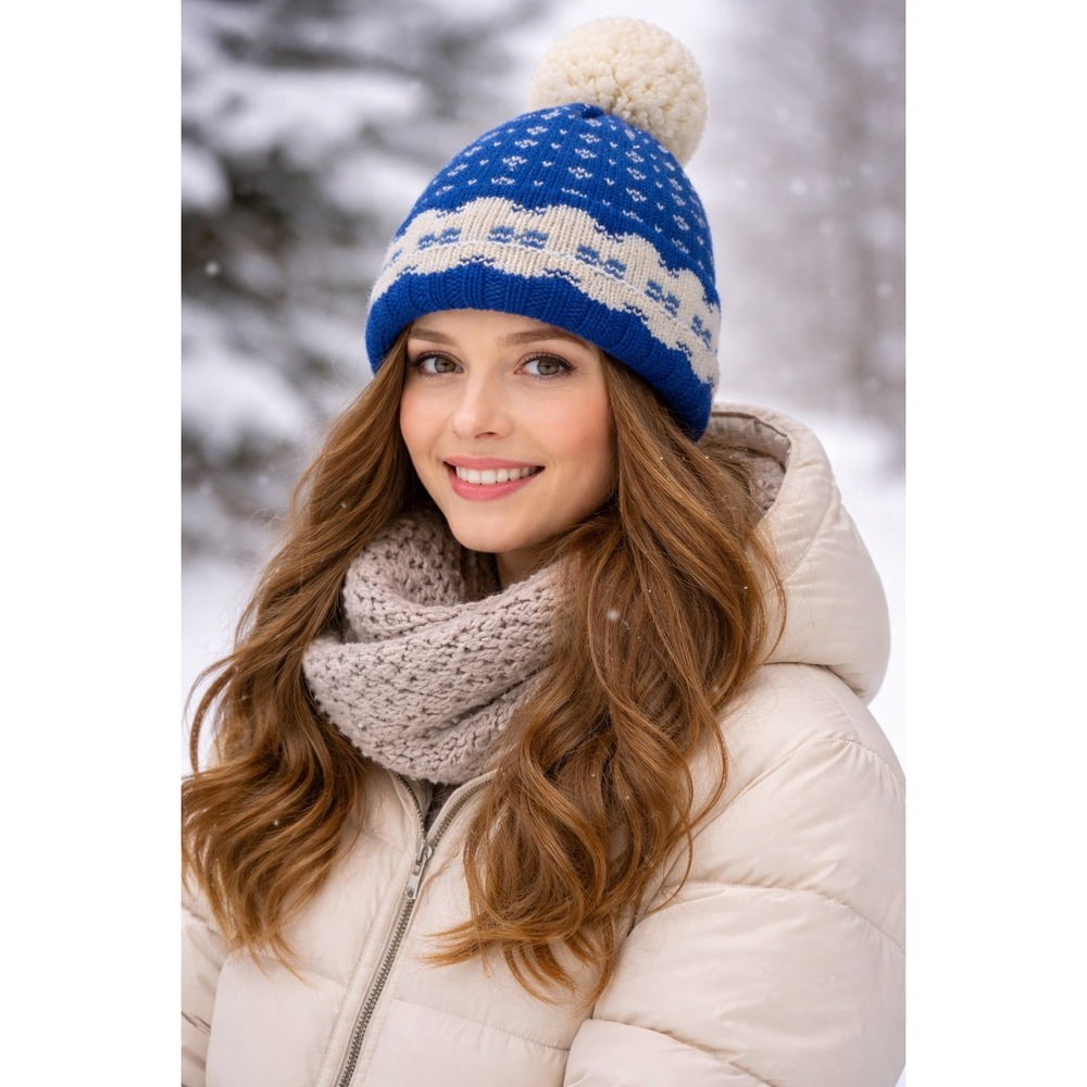 Vintage Skelbreds‎ Hand Knit Wool Blue Cream Fair Isle Pom Pom Beanie Hat